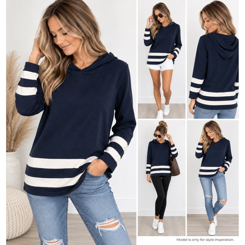 Adrienne Vittadini Sport Hoodie Womens M Navy Blue Cotton Nautical Striped Top